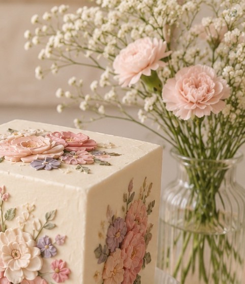 Hand-painted floral cake beside fresh flowers
