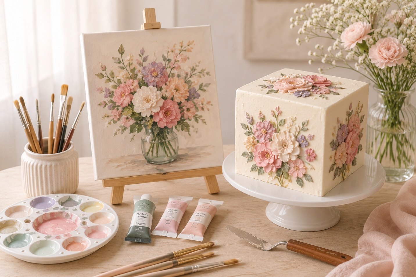 Hand-painted floral canvas and cake beside art supplies