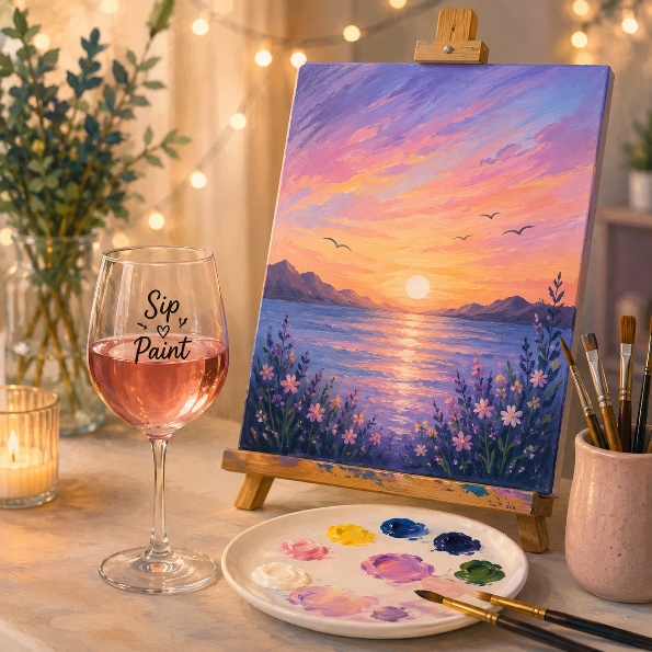 Sip and paint sunset canvas with wine